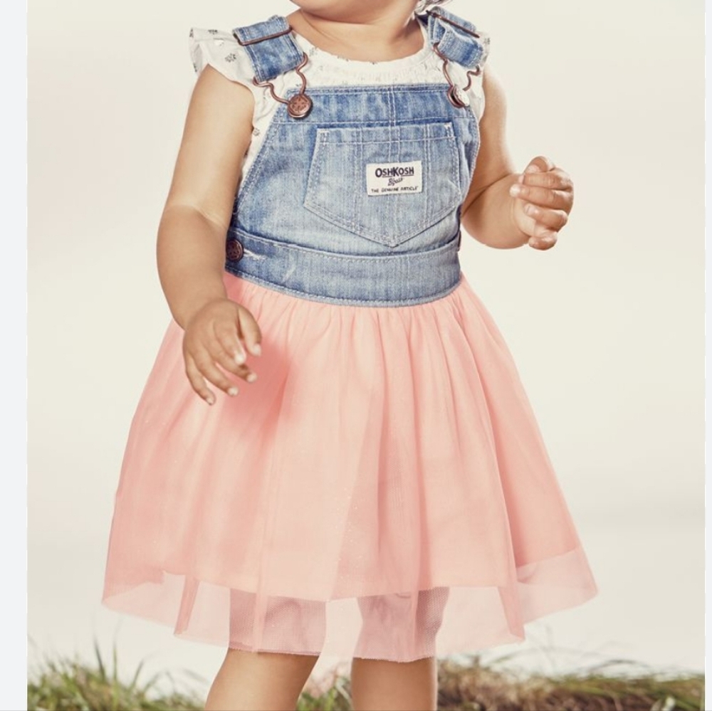 OshKosh B’gosh Toddler Girls Denim Overall Tutu Dress Peach Pink | 24 Months